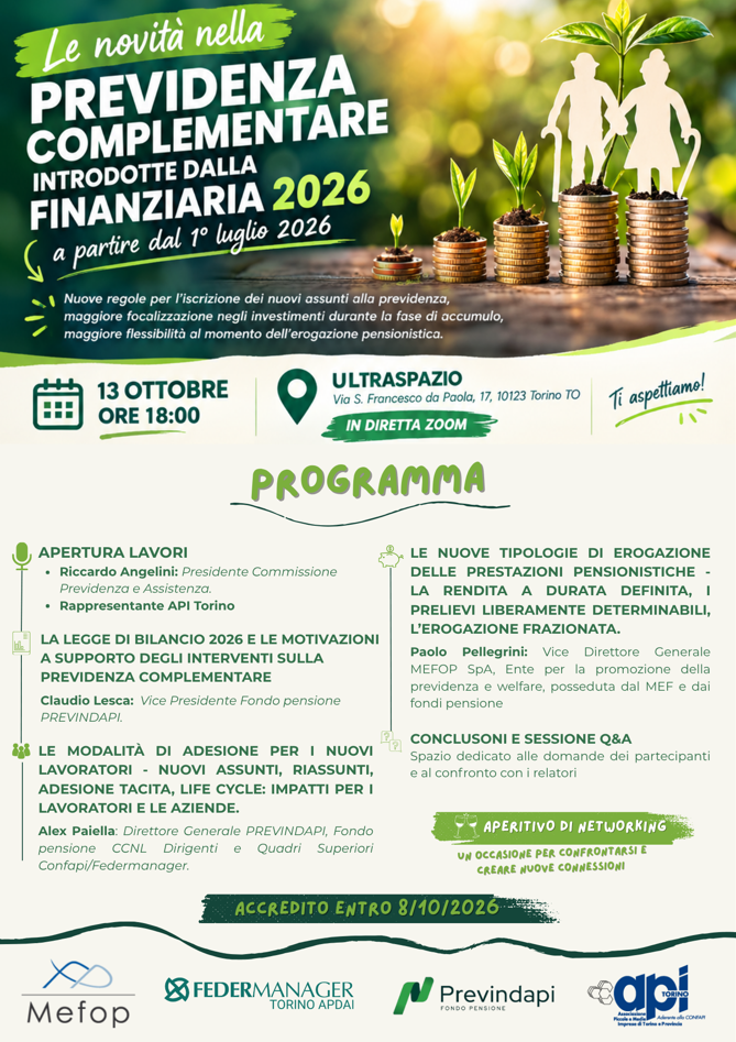 Previdenza complementare: le novità introdotte dalla Finanziaria 2026 | 13 ottobre ore 18:00